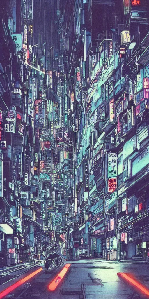 Prompt: beautiful and detailed anime drawing of an GHOST IN THE SHELL-like cyberpunk city landscape with light trail from a motorcycle at the bottom and a bridge silhouette at the top, japan at night, 1980s, by Katsuhiro Otomo and mamoru oshii, wide angle, worm\'s eye view, grand, clean, colorful