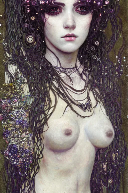 Prompt: portrait of beautiful young gothic maiden, cyberpunk, highly detailed, artstation, illustration, art by Gustav Klimt