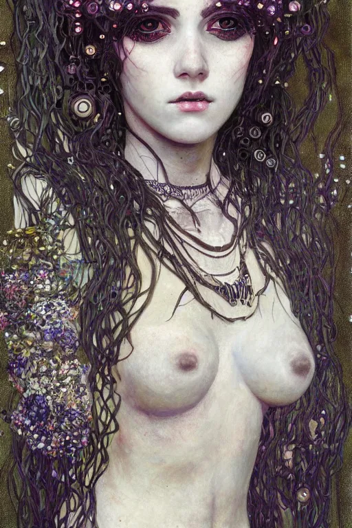 Image similar to portrait of beautiful young gothic maiden, cyberpunk, highly detailed, artstation, illustration, art by Gustav Klimt