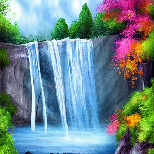 Image similar to A beautiful waterfall landscape painting, digital art