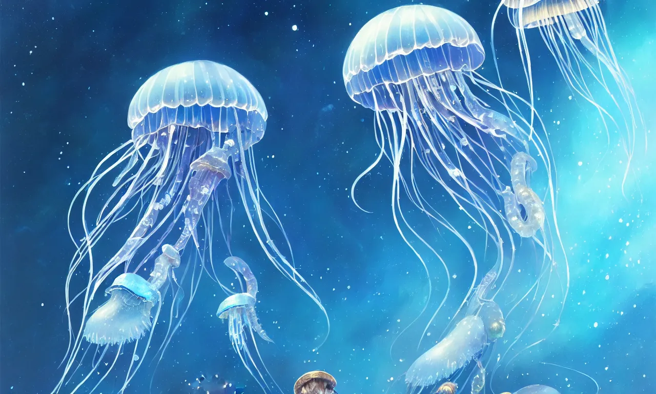 Image similar to Lonely detailed jellyfish in space, blue tones, underwater, full frame, highly detailed, digital painting, artstation, concept art, smooth, sharp focus, illustration, art greg rutkowski and alphonse mucha