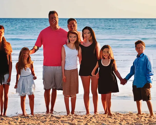 Prompt: happy father, mother, son, daughter, pose portrait on beach, realistic faces