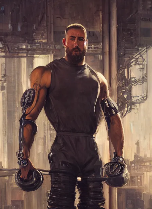 Image similar to buff cyberpunk olympic weightlifter with robotic arms wearing a jumpsuit ( blade runner 2 0 4 9, cyberpunk 2 0 7 7 character design ). orientalist portrait by john william waterhouse and james gurney and theodore ralli and nasreddine dinet, oil on canvas. cinematic, hyper realism, realistic proportions, dramatic lighting, high detail 4 k