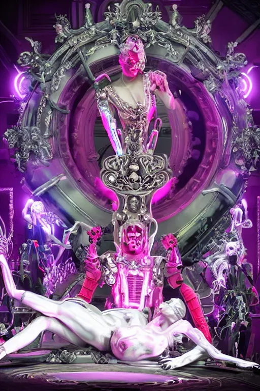 Image similar to full-body rococo and cyberpunk style neon statue of a young attractive portugues macho dotado e rico android sim roupa reclining con las piernas abertas e la piroca dura, glowing white laser eyes, prince crown of pink gears, diamonds, swirling silver-colored silk fabric. futuristic elements. full-length view. space robots. human skulls. intricate artwork by caravaggio. Trending on artstation, octane render, cinematic lighting from the right, hyper realism, octane render, 8k, depth of field, 3D