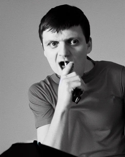 Prompt: Ian Curtis in an advertisement for Jollibee