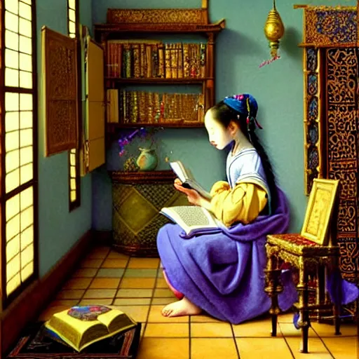 Image similar to a highly detailed fantasy pastel oil painting of a young wizard in ornate clothing lounging on a purpur pillow on the marble floor in front of her bookcase, studying an ancient tome. to the side is a potted plant and some blue candles. ancient oriental fantasy setting. in the style vermeer, yoshitaka amano and mark tedin