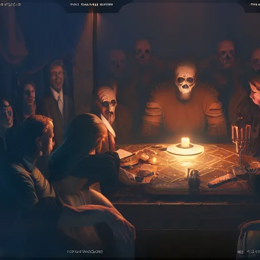 Image similar to Séance but everybody is a ghost, elegant, Hyper-realistic, 4K, Unreal Engine, Highly Detailed, HD, Dramatic Lighting by Brom, golden hour, trending on Artstation