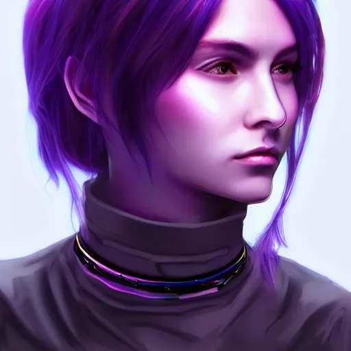 Image similar to headshot artwork of a cyberpunk woman wearing thick steel choker around neck, 4K, detailed face, collar on neck, realistic, artstation, neon purple, purple,