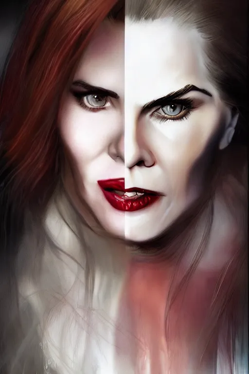 Prompt: mix of beautiful young maria shriver, mariel hemmingway, brooke shields, nicole kidman and elle macpherson as a vampire with mouth open with sharp teeth, thin lips, hair tied up in a pony tail, dark blonde hair, colorful, artstation, cgsociety