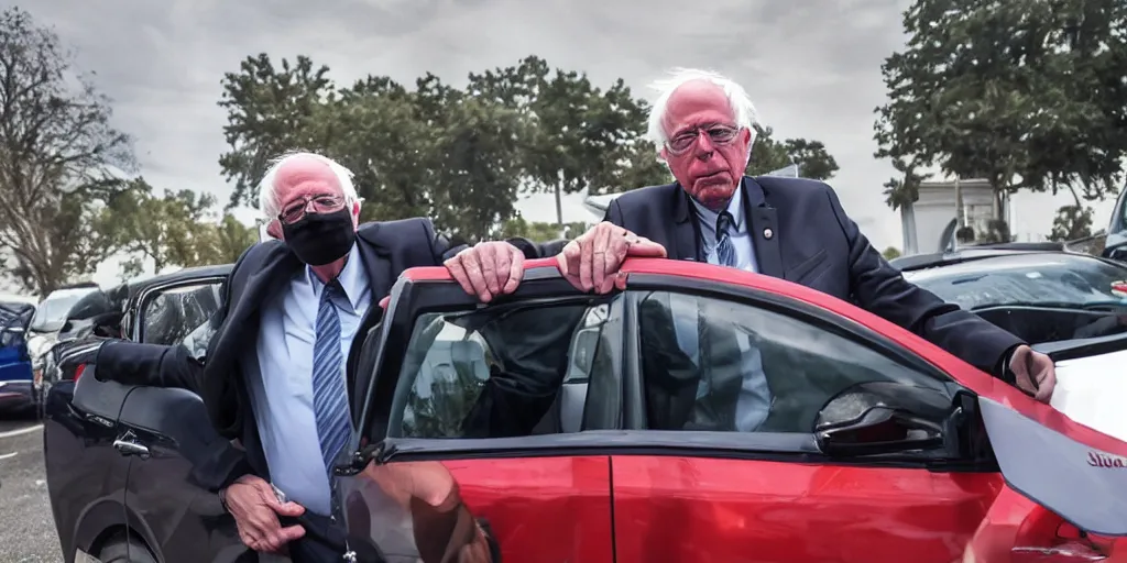 Image similar to bernie sanders, muscular, holding car above head