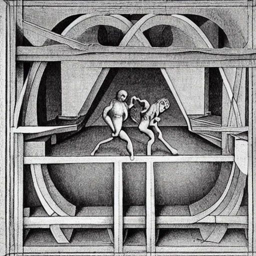 Prompt: frame:2 tortured soul in a nightmarish hell, by escher, by Leonardo da Vinci