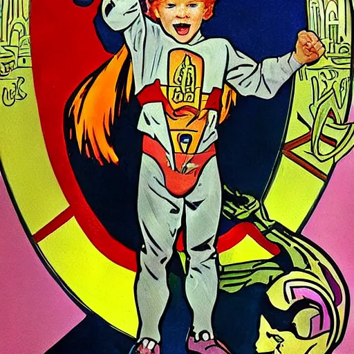 Prompt: a little boy with a mischievous face and ginger hair. he is dressed as a superhero. well composed, clean elegant painting, beautiful detailed face. comic book art by steve ditko and jack kirby and ( alphonse mucha )