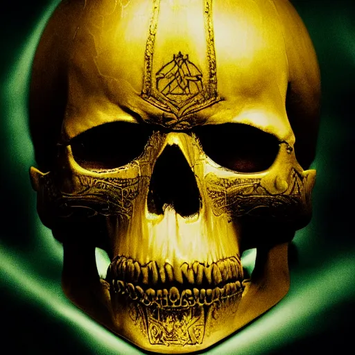 Prompt: ominous chiaroscuro baroque cinestill poster of a golden skull intricately decorated with ancient runic inscriptions and prophecy engravings. dramatic ray of light, octane render by elden ring, ominous dark background. deep aesthetics, ( lord of the rings : the return of the king 2 0 0 3 )