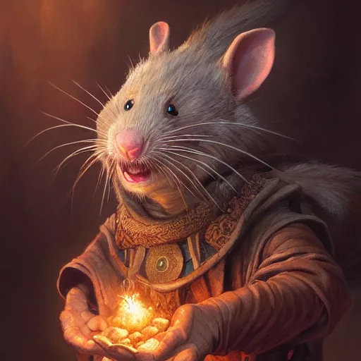 Prompt: a detailed portrait of a wizard rat, by justin gerard and greg rutkowski, digital art, realistic painting, dnd, character design, trending on artstation