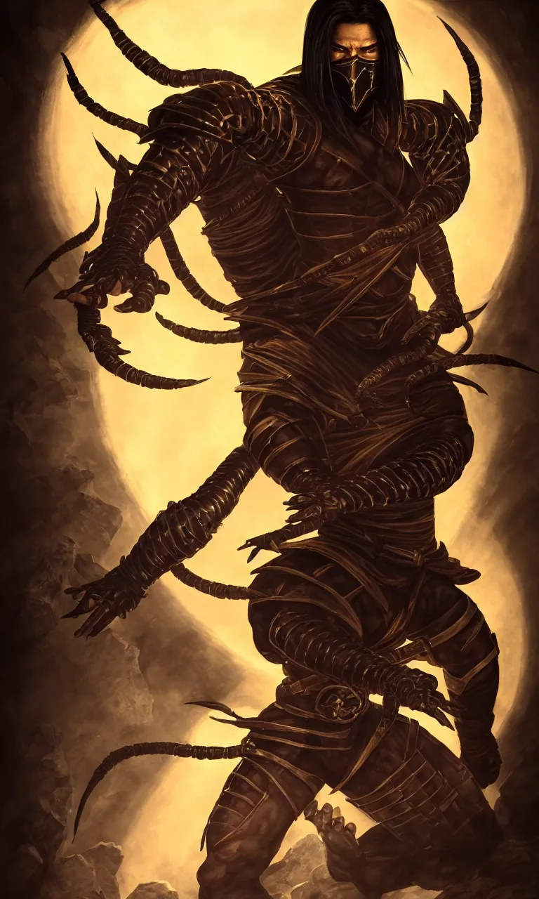 Image similar to portrait of hanzo hasashi scorpion from mortal kombat in the gates of a portal, full body shot, camera pulled back far, highly detailed dramatic lighting, artstation, atmospheric perspective, artgerm, mk ninja, epic ninja suit, intense contrast, 3 light sources, by lee bermejo, alphonse mucha and greg rutkowski