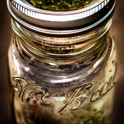 Prompt: a whole world inside a mason jar. studio photography. closeup. 4K. 14mm lens. iso 180. f/2.8.