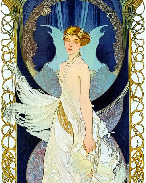 Image similar to portrait of an ethereal woman with pale hair and gold eyes wearing a flowing white and gold gown surrounded by wing motifs, alphonse mucha, kay nielsen, art nouveau, intricate, digital painting, concept art