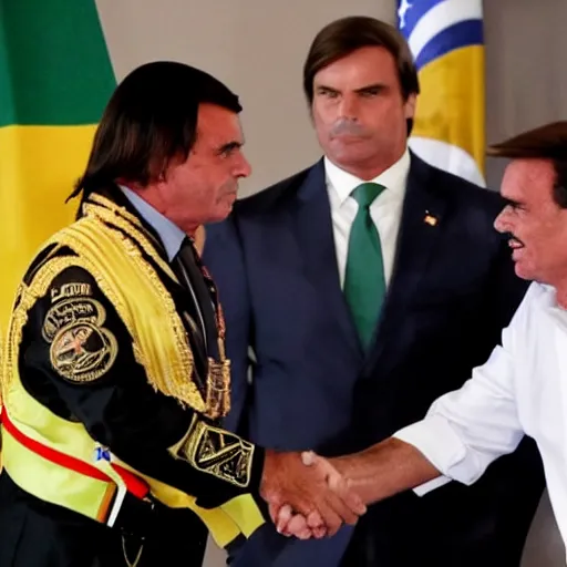 Prompt: bolsonaro passing the presidential sash of brazil to michael jackson, press photo, reuters