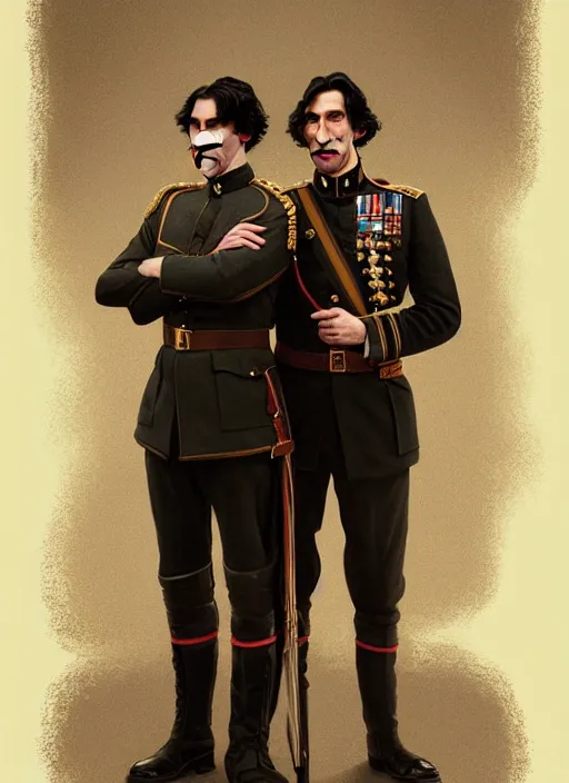 Prompt: a portrait of john oliver and adam driver posing together, stoic, military uniform, fantasy, intricate, elegant, beautiful, highly detailed, centered, digital painting, artstation, concept art, smooth, sharp focus, art style by klimt and nixeu and ian sprigger and wlop and krenz cushart