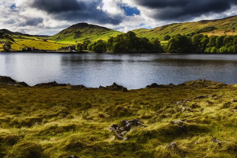Prompt: landscape photography, lake district, summer, sunny, clouds, beautiful, 4 k, hd, award winning, professional