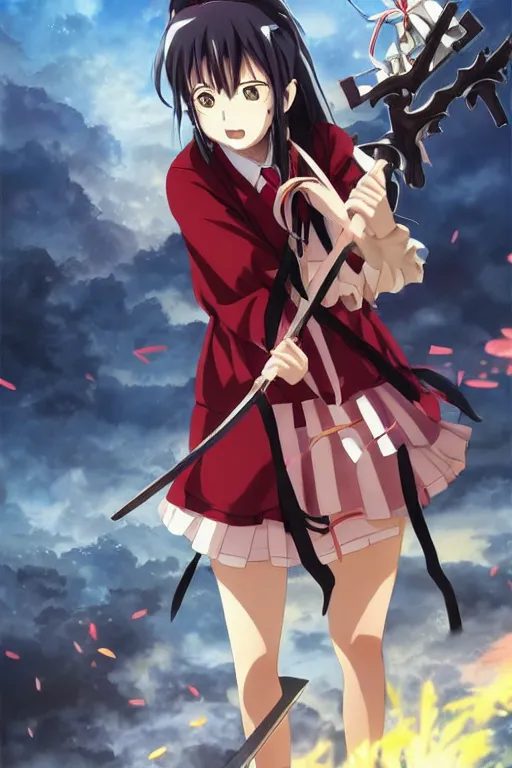 Image similar to anime key visual of a zesshi zetsumei from overlord, wearing a japanese schoolgirl cardigan, wielding a warscythe standing in the middle of a red bloody battlefield, bored anime expression, official digital media illustrated by artist so - bin, trending on artstation