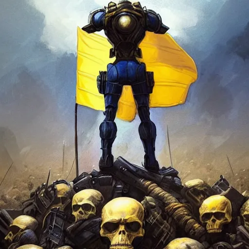 Image similar to a full body shot from distance from behind of a super soldier with a yellow and blue flag standing on a huge pile of skulls in triumph after battle, western, D&D, fantasy, intricate, elegant, highly detailed, digital painting, artstation, concept art, matte, sharp focus, symmetrical, illustration, art by Artgerm and Greg Rutkowski and Alphonse Mucha