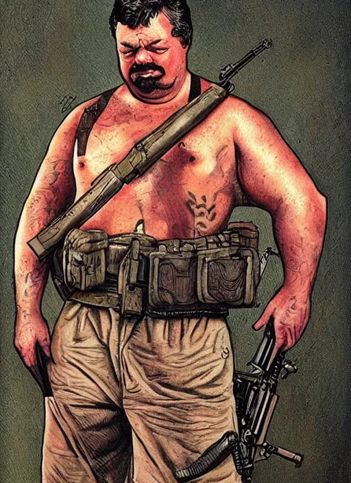 Image similar to gk chesterton as a buff mercenary with tattoos and a shotgun. portrait by james gurney and mœbius.