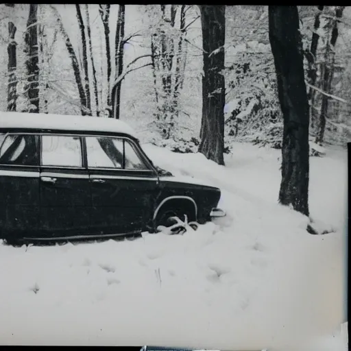 Image similar to vintage polaroid photograph of a car in a snowy forest