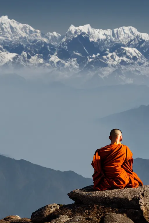 Prompt: A monk with his back to the camera sits beside a rock on the top of a mountain, looking at the snowy Himalayas in the distance, faith,4k, realistic,photography,landscape,high contrast,ultrawide shot,an expansive view,trending on artstation.