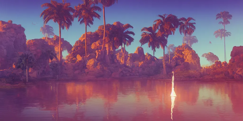 Image similar to Beeple artgem masterpiece, sunrise, hyperrealistic surrealism, award winning masterpiece with incredible details, epic stunning, infinity pool, a surreal liminal space, highly detailed, trending on ArtStation, calming, meditative, pink arches, palm trees, surreal, sharp details, dreamscape, giant head statue ruins, gold octahedron statue, crystal clear water