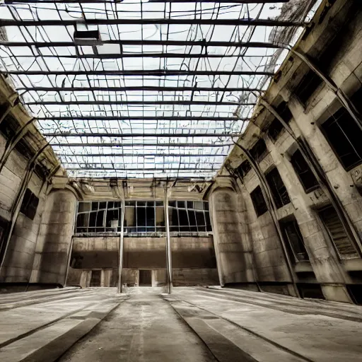 Image similar to abandoned architectural masterpiece, cctv footage, dramatic lighting