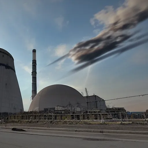 Prompt: Diesel punk Chernobyl nuclear power plant with zeppelin in the sky