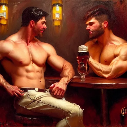 Prompt: attractive muscular male with dark red hair with muscular attractive male with black hair, drinking their hearts out, in a pub. very defined and highly detailed painting by gaston bussiere, j. c. leyendecker, craig mullins 8 k