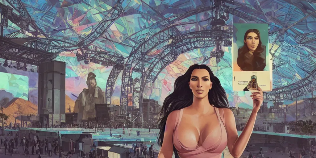 Prompt: president kim kardashian showing pictures of new with government id cards on a massive screen at coachella, orwellian, graffiti art style, highly detailed, digital painting, artstation, concept art, dystopian, sharp focus, brutalist illustration, art by greg rutkowski and alphonse mucha, 8 k