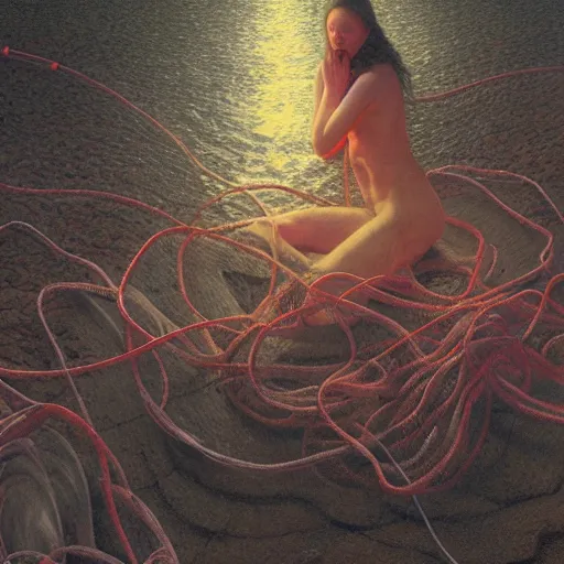 Image similar to portrait, shore of the lake, woman wrapped around by tubes and cables, glowing red, by edgar maxence and ross tran, zdzisław beksinski, and michael whelan, distant, gustav dore, h. r. giger, 8 k, octane render