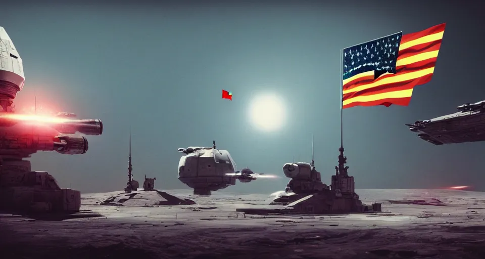 Image similar to space war between china and usa, desaturated, moebius, china flag, usa flag, complementing colors, maschinen krieger, beeple, film, atmospheric perspective