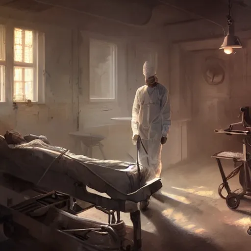 Image similar to A surgeon desperately trying to save his patient, oil painting by Cedric Peyravernay, highly detailed, cinematic concept art, dramatic lighting