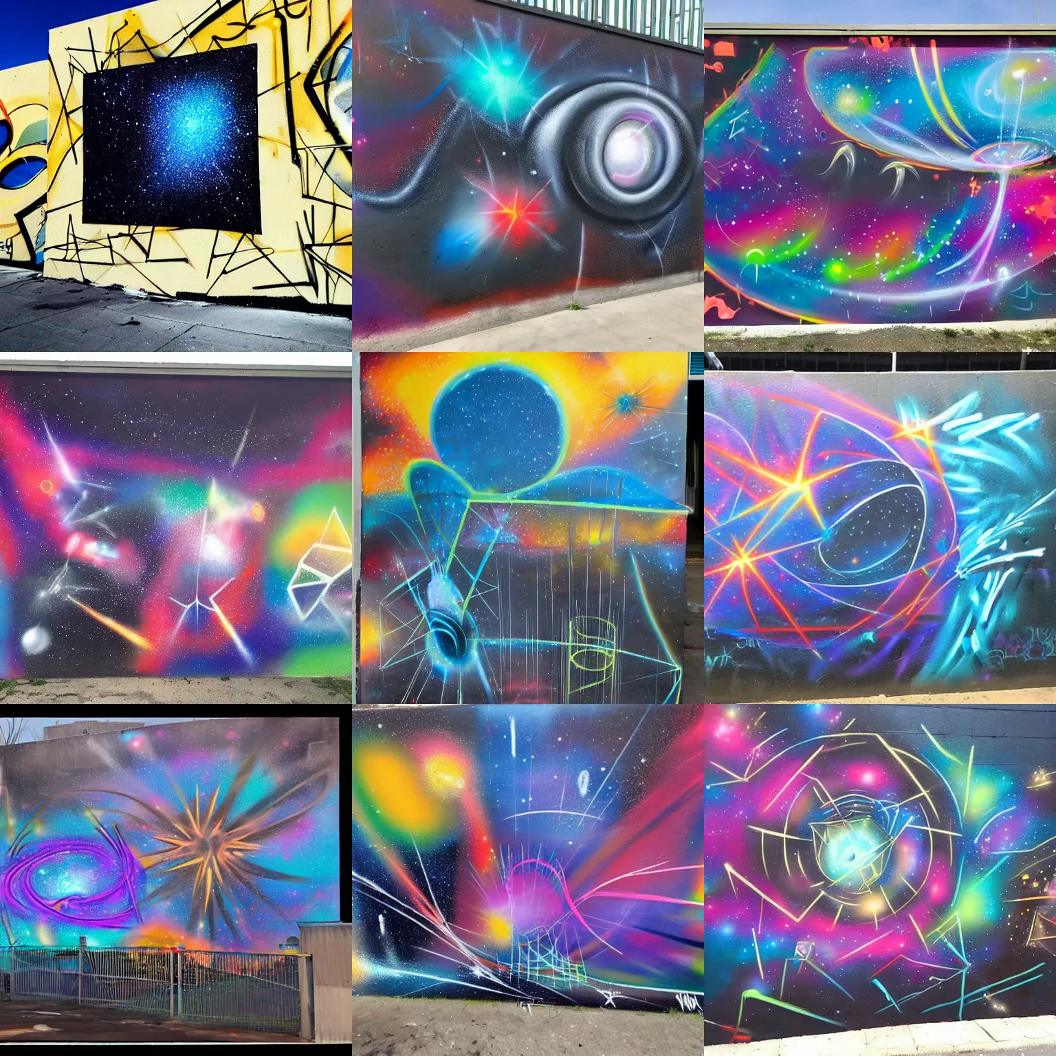 Prompt: Spray paint graffiti of complex abstract architecture, brutalist design, futuristic, in the background is a marvelous colliding galaxy, space wormholes,and stars,surrealism, abstract, emotional,epic,only33dollarsatthestatefair