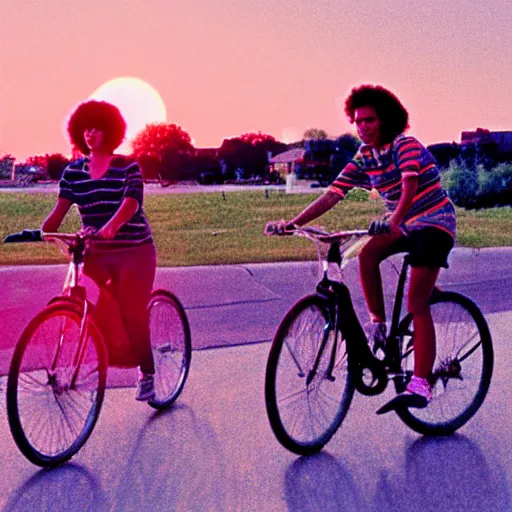 Image similar to teens riding their bikes in the 1 9 8 0 s, long shot, sunset at the golden hour, photoreal, synthwave style