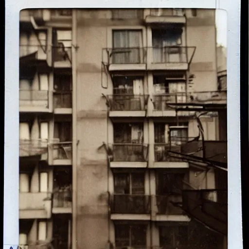 Prompt: A polaroid of a cyberpunk apartment balcony. Signed 1962