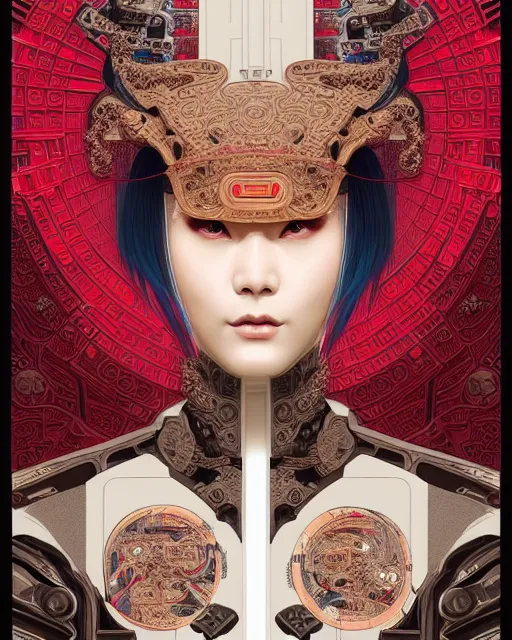 Image similar to portrait of a cyberpunk machine, machine face, upper half portrait, decorated with chinese opera motifs, asian, fine china, traditional chinese art, intricate, elegant, highly detailed, symmetry, headpiece, digital painting, artstation, concept art, smooth, sharp focus, illustration, art by artgerm and greg rutkowski and alphonse mucha, 8 k