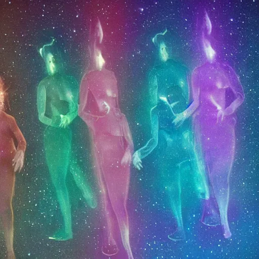 Image similar to ghost people on starship, nebula, colorful, clear