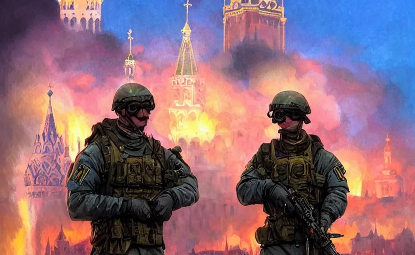 Image similar to special forces soldier with ukrainian blue and yellow shoulder patch watches red square kremlin burn in the background, d & d, fantasy, bright atmosphere, volumetric lights, intricate, elegant, extremely detailed, digital painting, artstation, concept art, matte, smooth, sharp focus, hyper realistic, illustration, art by artgerm and greg rutkowski and alphonse mucha