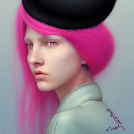 Image similar to portrait of beautiful young woman with flowing pink hair, wearing a black French beret hat, dark fantasy, Warhammer, artstation painted by Zdislav Beksinski and Wayne Barlowe