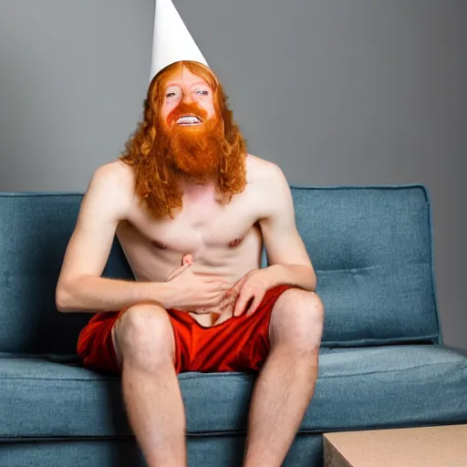 Prompt: professional photography of a drunk ginger haired man slouched on the couch smiling wearing a cone on his head stock photo