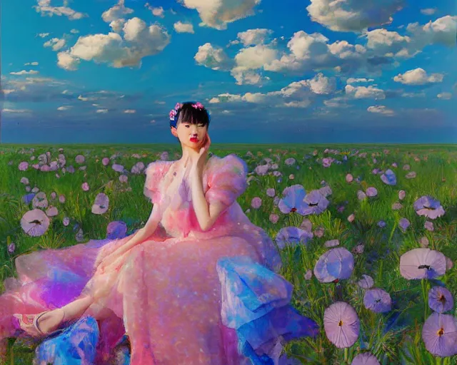 Image similar to lee jin - eun in elegant chic holographic dress emerging from gold gold by martine johanna, michael garmash and katsuhiro otomo, rule of thirds, seductive look, beautiful, cotton candy clouds, puyallup berteronian, himalayan poppy flowers, sea holly flowers, gorgeous