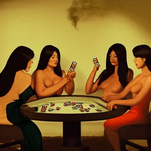 Prompt: female angels smoking pot and playing poker in a dark room, cinematic