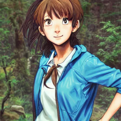 Prompt: Character design of a pretty young woman with messy light-brown hair wearing a bright blue dress and a muddy brown hiking jacket, serious expression, by Yusuke Murata, highly detailed, full-body shot