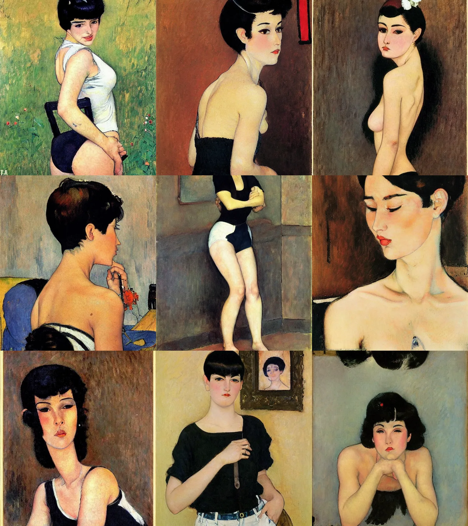 Prompt: a woman with black hair and long pixie haircut in shorts with suspenders and white t-shirt drawn by amedeo modigliani, frank frazetta, gustave caillebotte, Alexandre Cabanel, norman rockwell, hajime sorayama, maler collier, peter paul rubens, alphonse mucha, gustav klimt 4k, unreal 5, DAZ, french noveau, trending on artstation, octane render, hyperrealistic