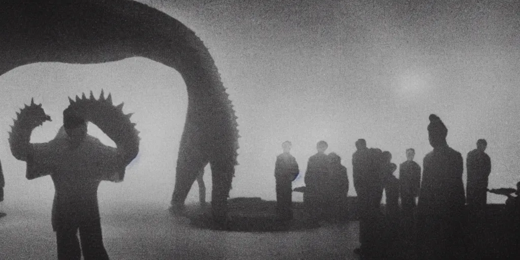 Image similar to light coming out of one starfish - like kaiju anthropomorphic monster, korean film noir, korean traditional palace, kim jong - il standing, pyongyang city, 1 9 6 0 s, red color bleed, 4 k, video compression, video glitch, monochrome, akira kurosawa, mamoru oshii, wes anderson, stanley kubrick